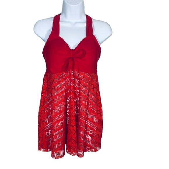 SuperPrity NWT Red Crochet Lace Tankini Top Crossover Back Flattering Sz L - Picture 2 of 11